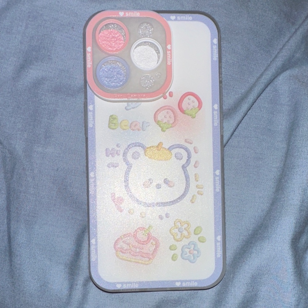 iPhone 14 Pro Cute Bear Design Phone Case with Camera Protectior- Pink & Blue